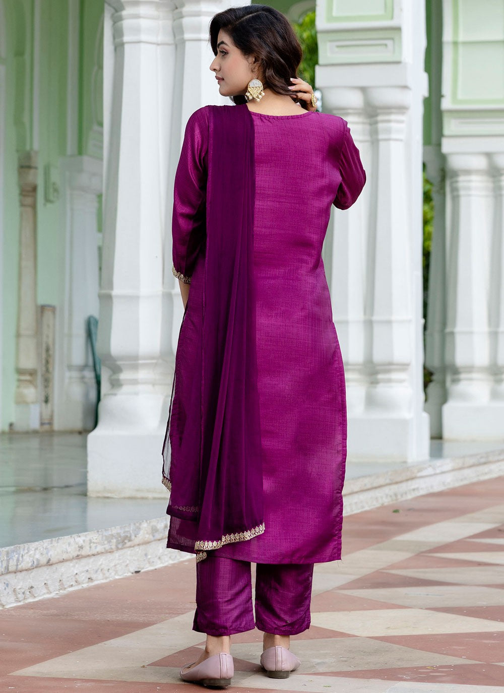 Pant Style Suit Embroidered Purple T8791