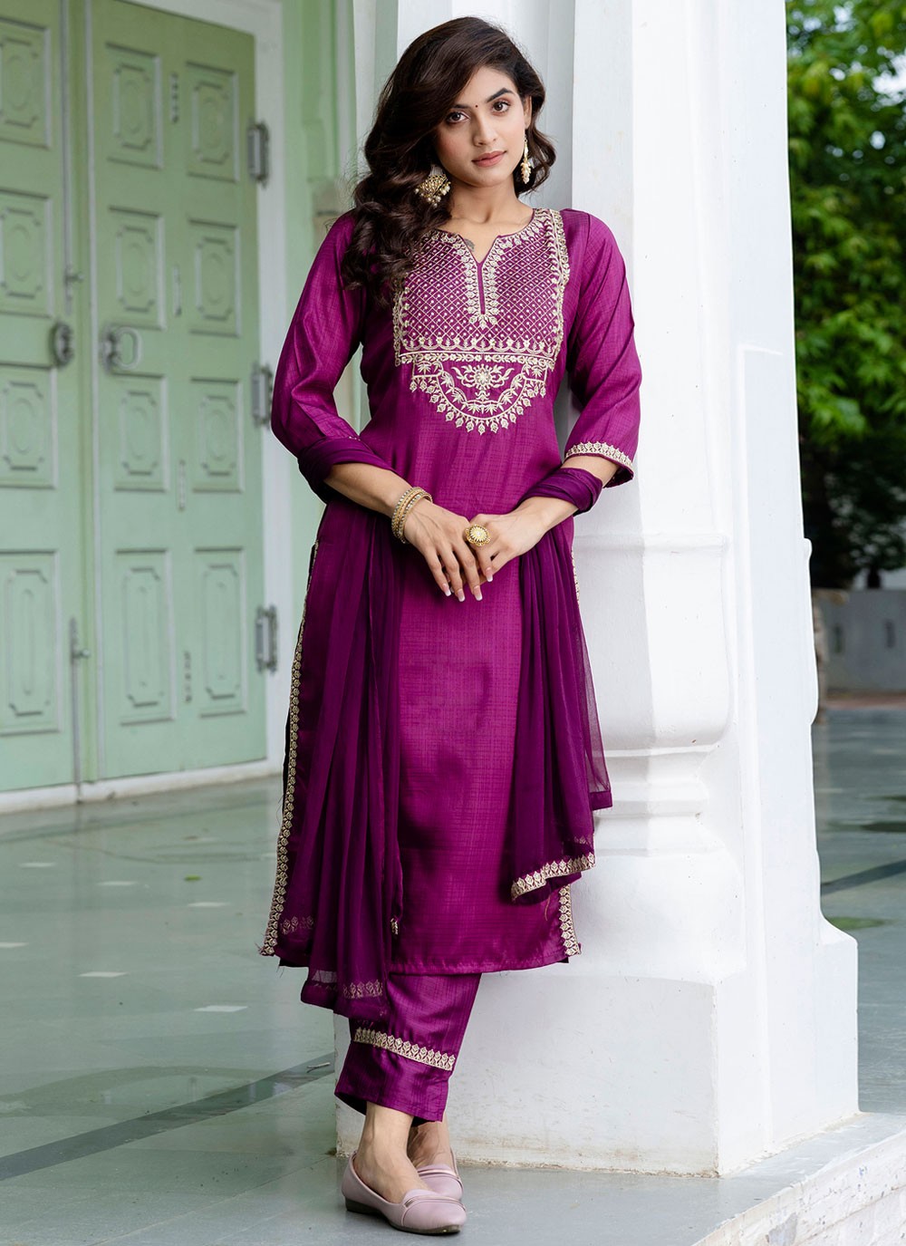 Pant Style Suit Embroidered Purple T8791