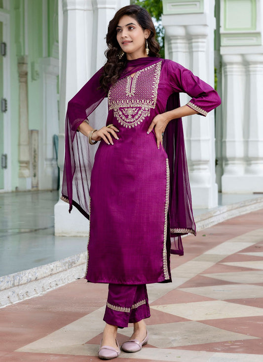 Pant Style Suit Embroidered Purple T8791