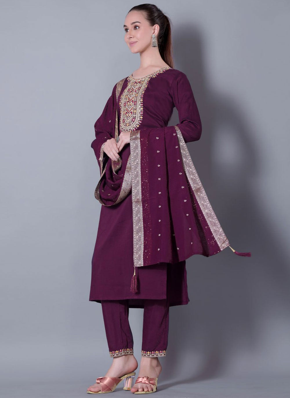 Pant Style Suit Embroidered Purple T7114