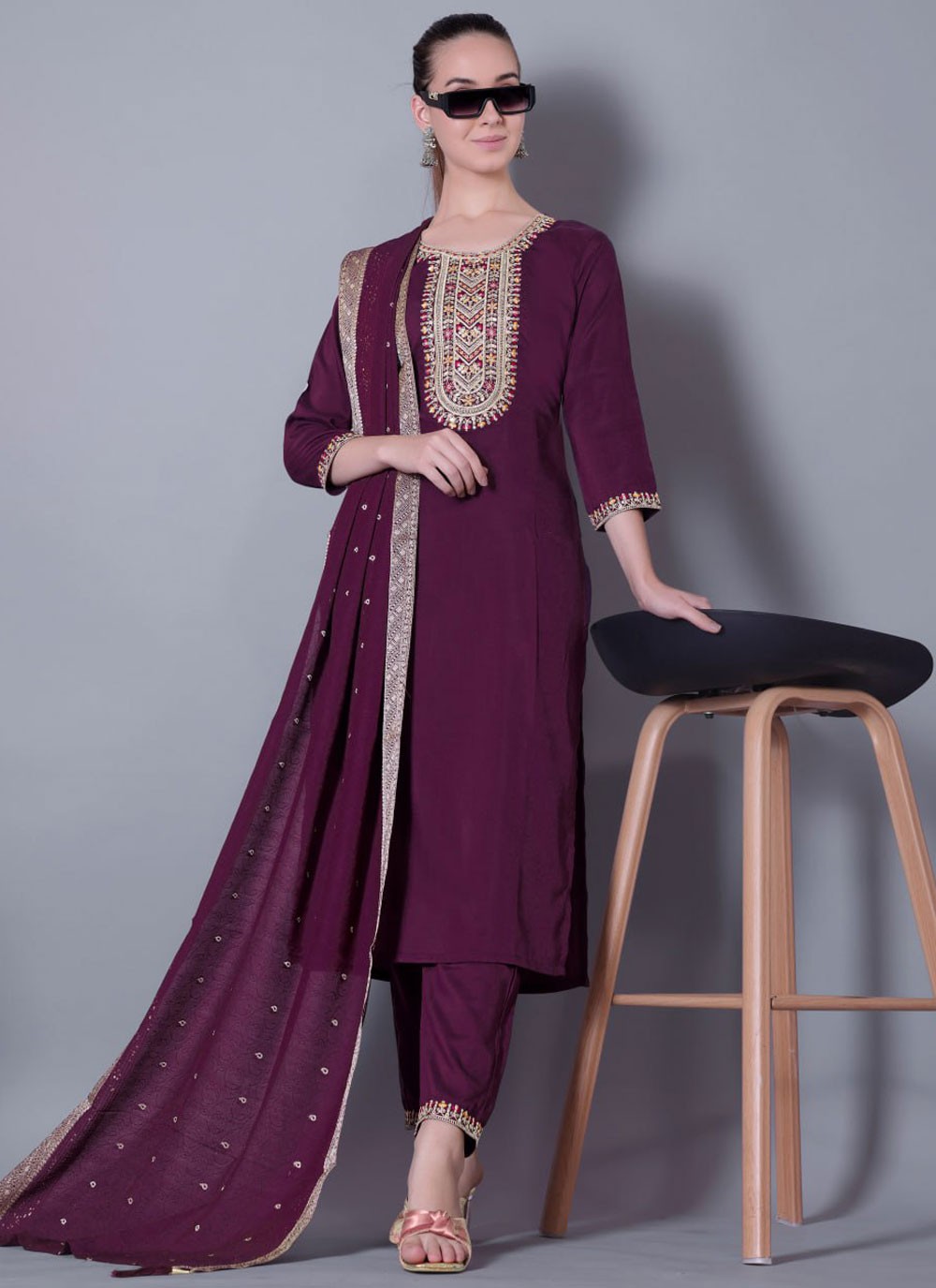 Pant Style Suit Embroidered Purple T7114