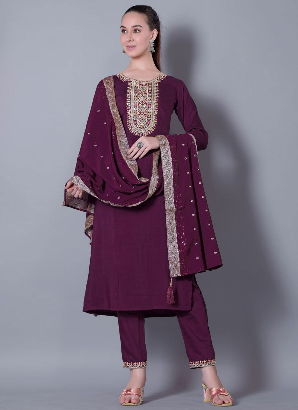Pant Style Suit Embroidered Purple T7114