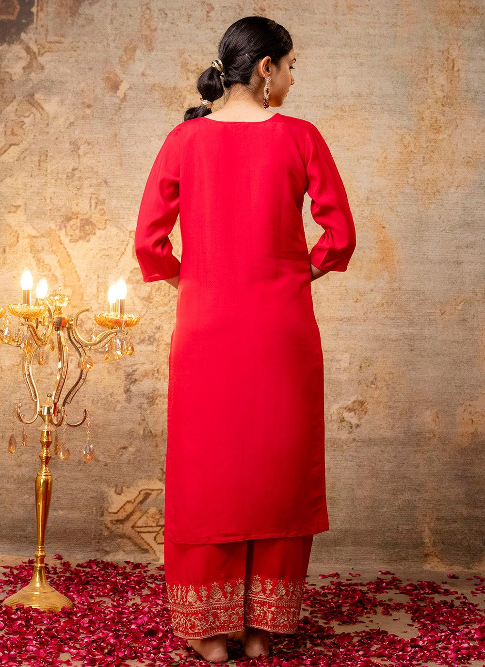 Pant Style Suit Embroidered, Zari Red T7308