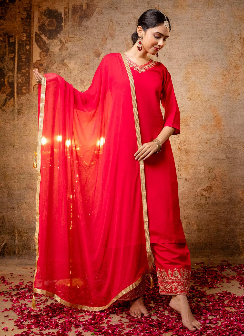 Pant Style Suit Embroidered, Zari Red T7308
