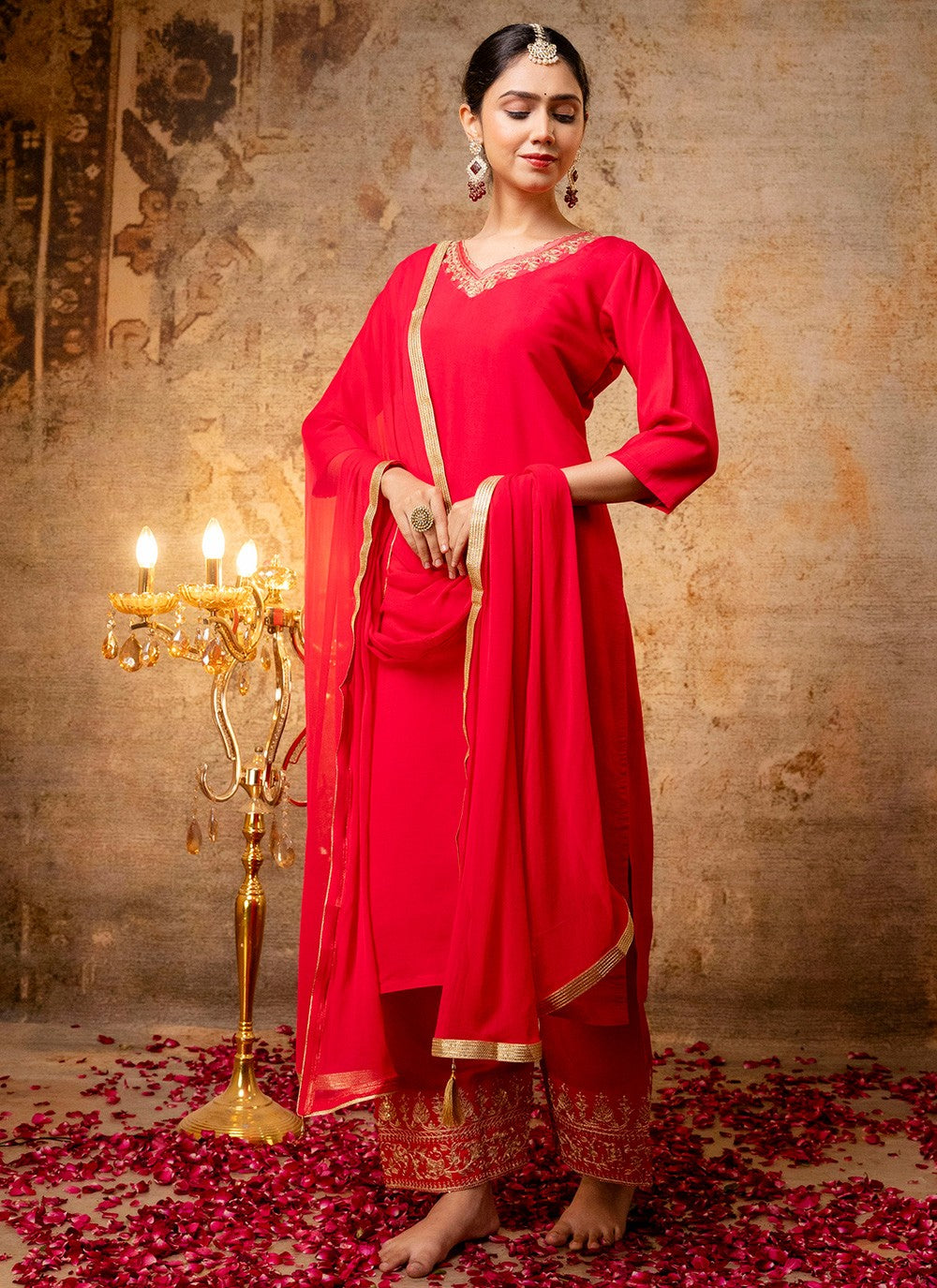 Pant Style Suit Embroidered, Zari Red T7308