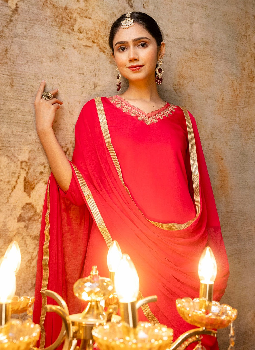 Pant Style Suit Embroidered, Zari Red T7308