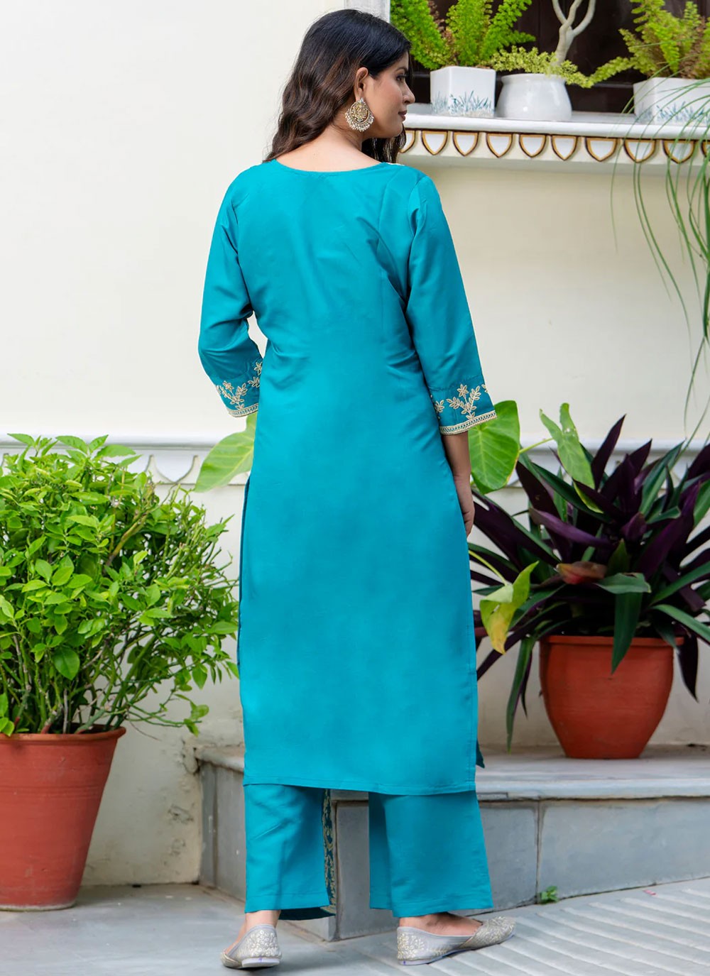 Salwar Suit Embroidered Blue Silk Blend T5862