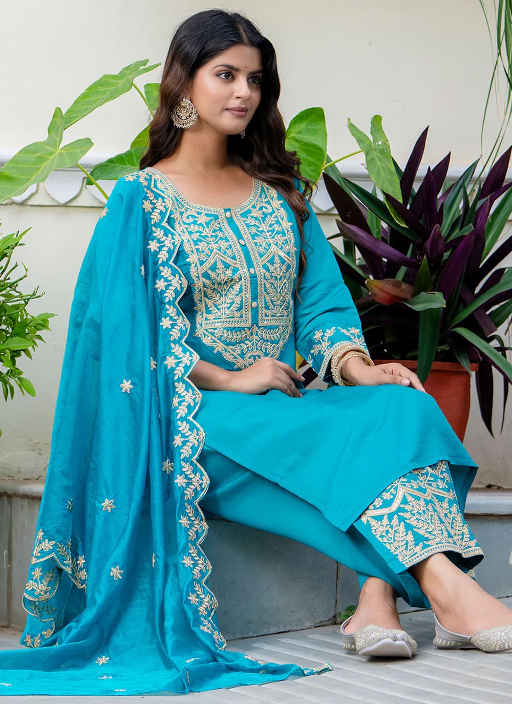 Salwar Suit Embroidered Blue Silk Blend T5862