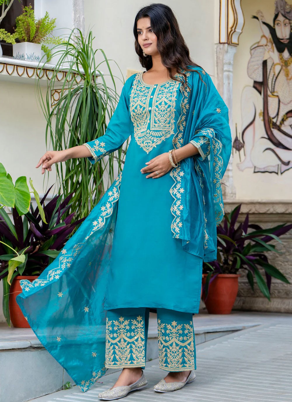 Salwar Suit Embroidered Blue Silk Blend T5862