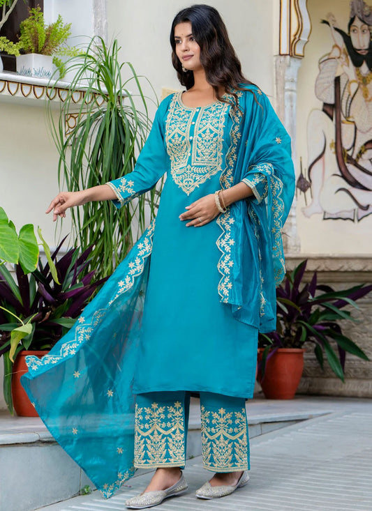 Salwar Suit Embroidered Blue Silk Blend T5862