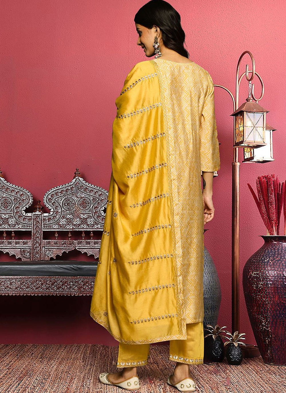Salwar Suit Embroidered Cream, Yellow Silk Blend T5641
