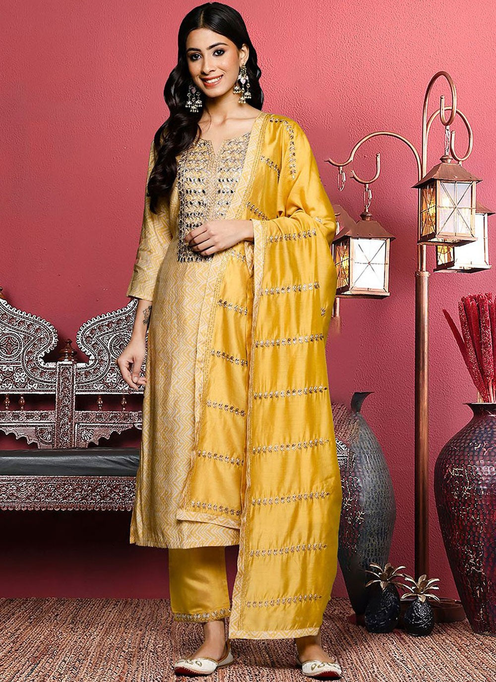 Salwar Suit Embroidered Cream, Yellow Silk Blend T5641