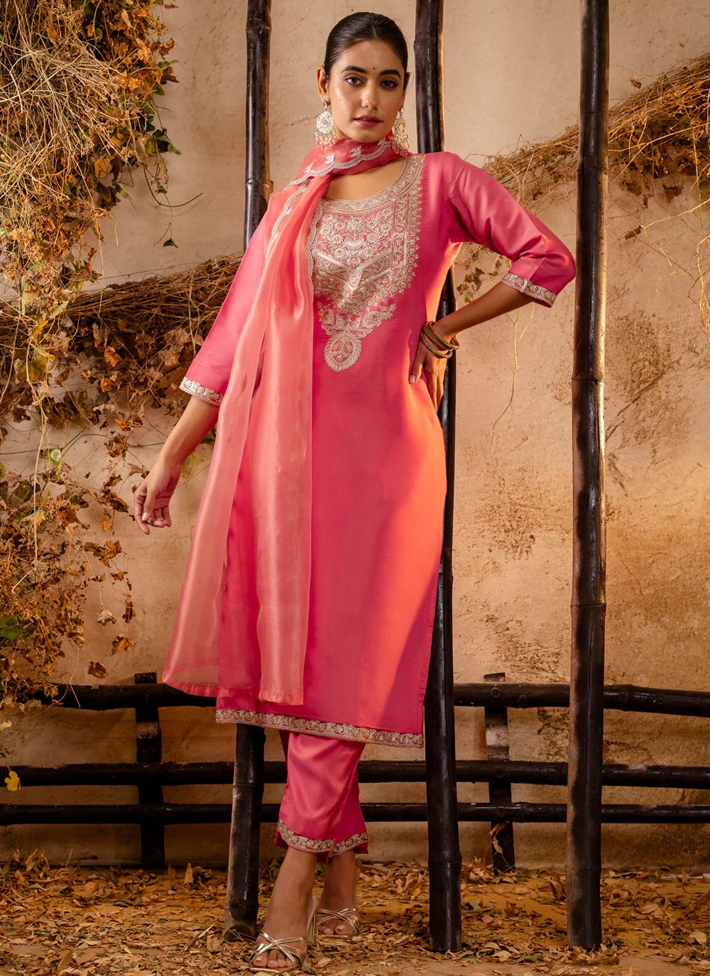 Embroidered Silk Blend Peach Salwar Suit T6077