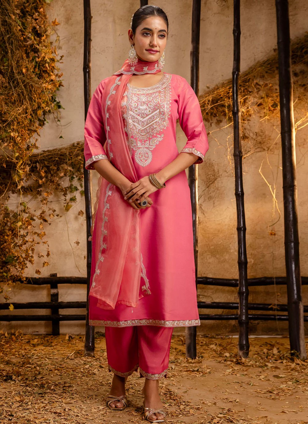 Embroidered Silk Blend Peach Salwar Suit T6077