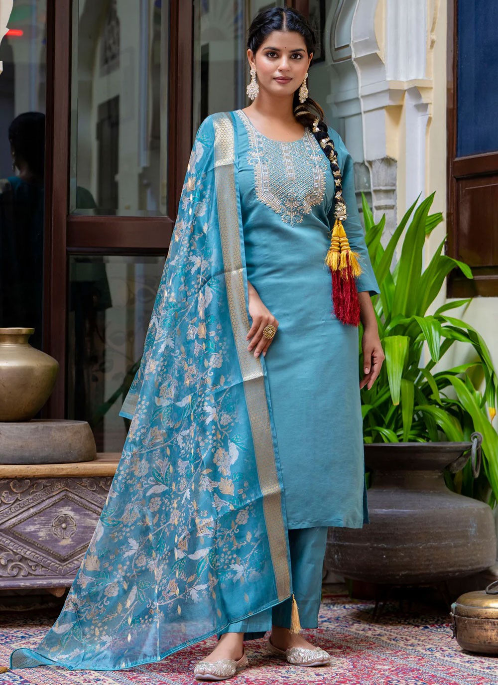 Pant Style Suit Embroidered, Zari Blue T6938