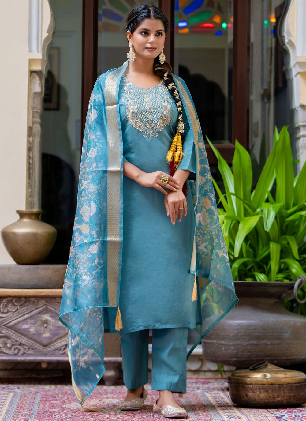 Pant Style Suit Embroidered, Zari Blue T6938