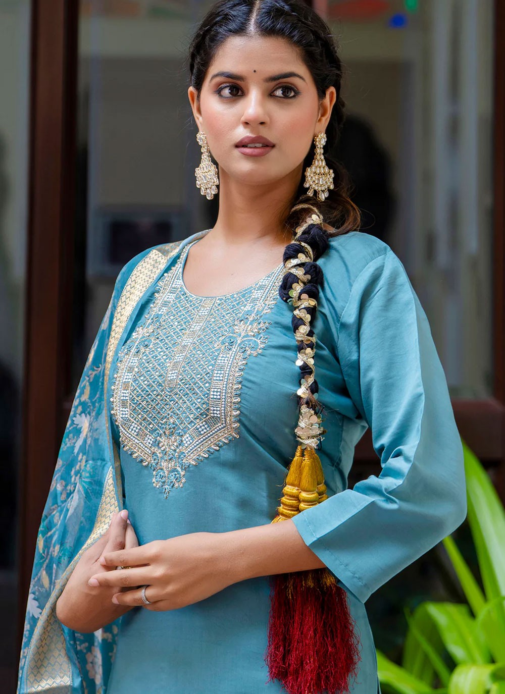 Pant Style Suit Embroidered, Zari Blue T6938