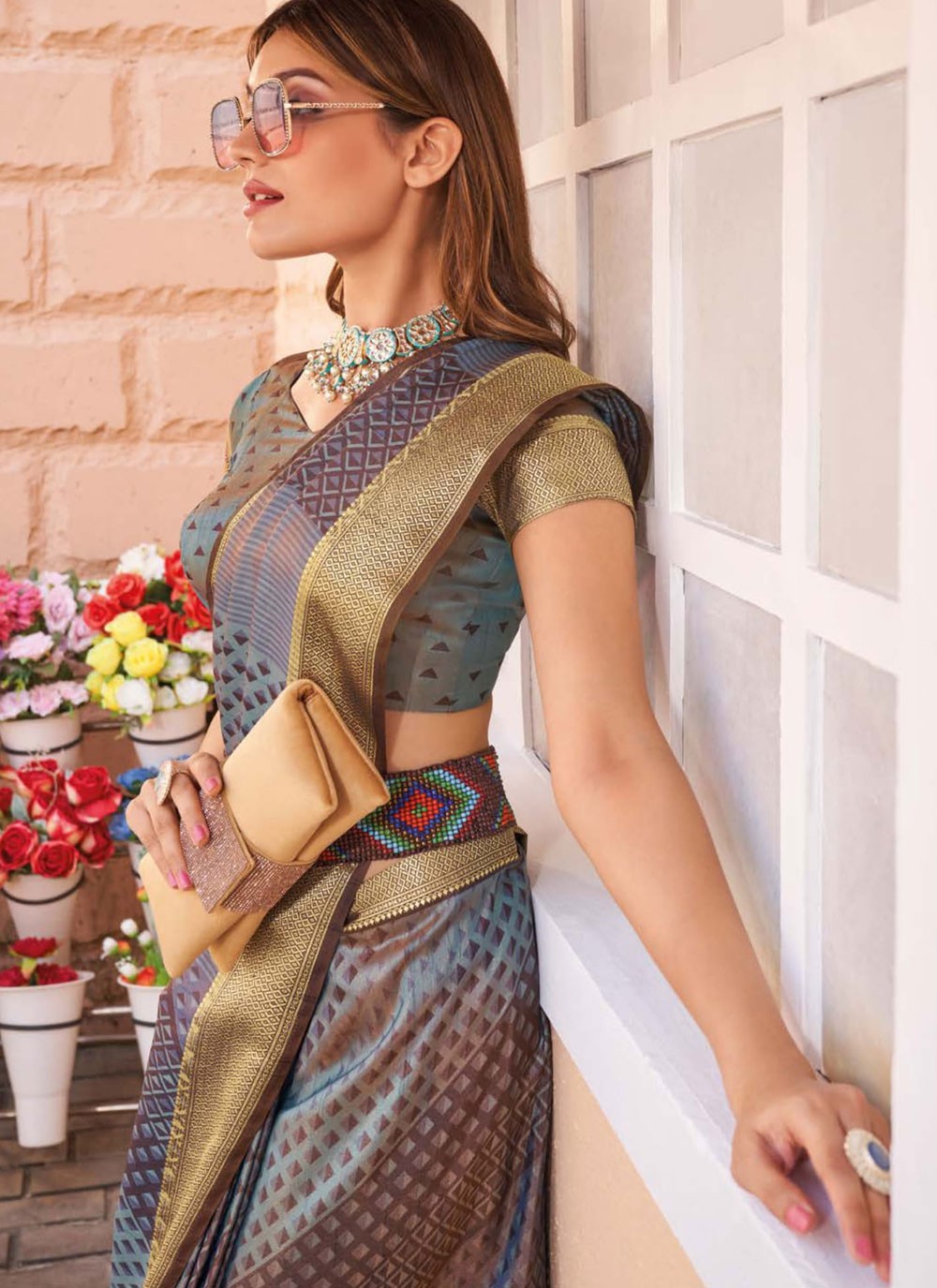Designer Border Work Blue, Grey Silk S12444