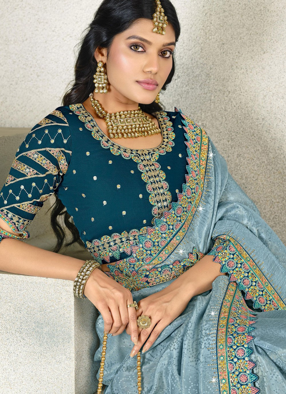 Border Work Silk Blue Contemporary Saree S15560