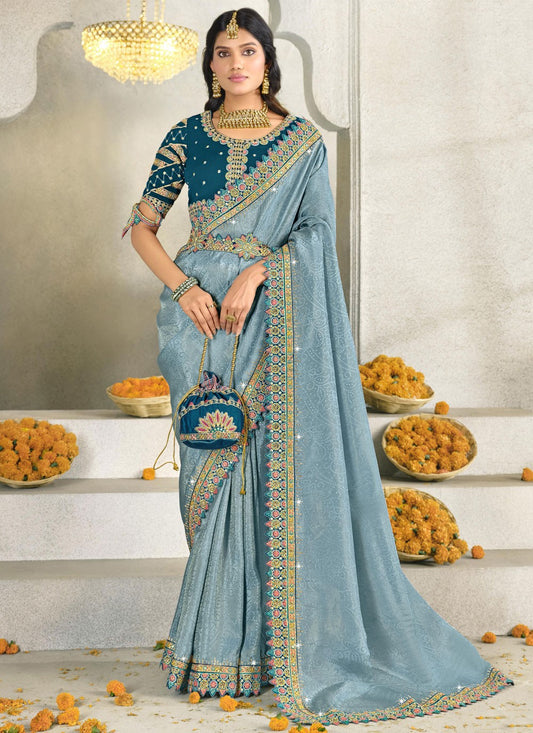 Border Work Silk Blue Contemporary Saree S15560