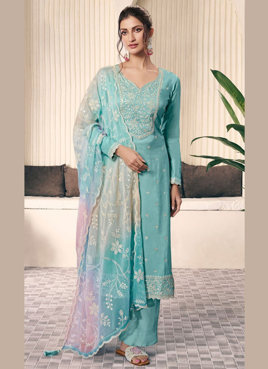 Pant Style Suit Embroidered, Thread Blue T7200