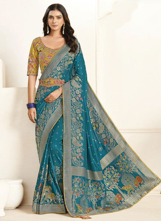 Blue Silk Designer Saree Fancy Work, Weaving Zari, Zari S18843