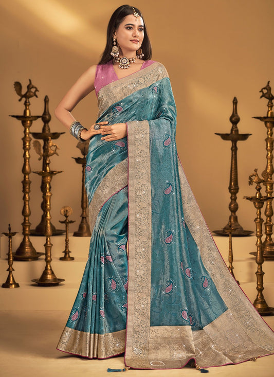 Blue Silk Designer Saree Embroidered, Fancy Work, Stones, Swarovski, Weaving Zari, Zari S19457