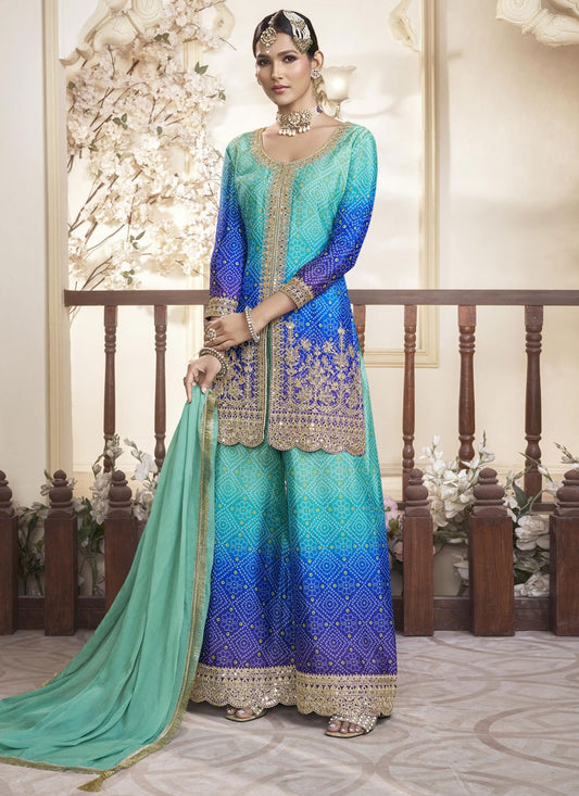 Salwar Suit Digital Print Blue Chinon T5418
