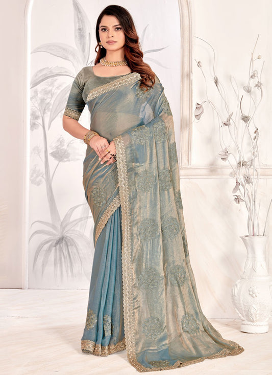 Blue Silk Contemporary Saree Embroidered, Resham, Swarovski, Zari S16113