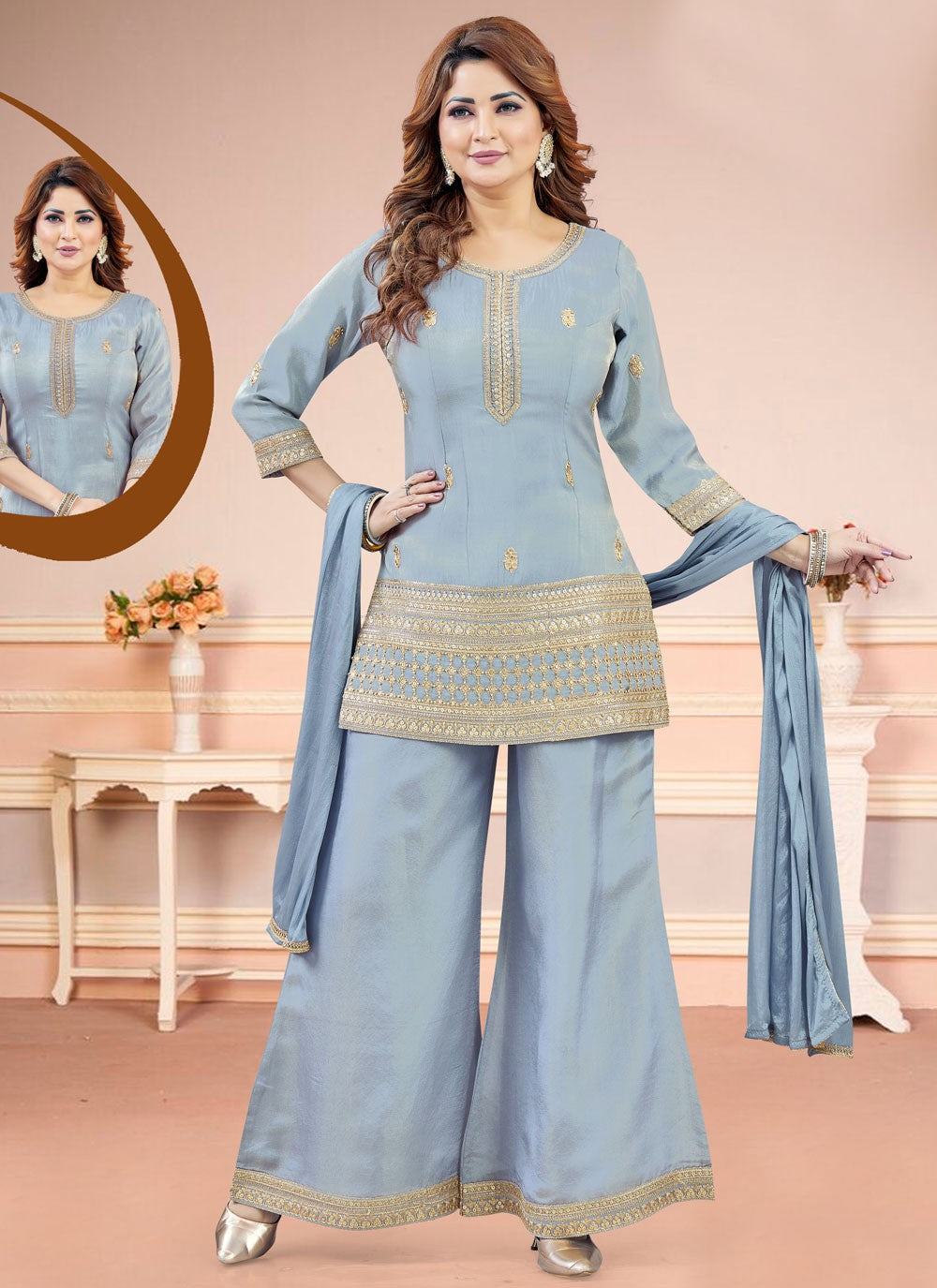 Salwar Suit Embroidered Blue Silk T5850