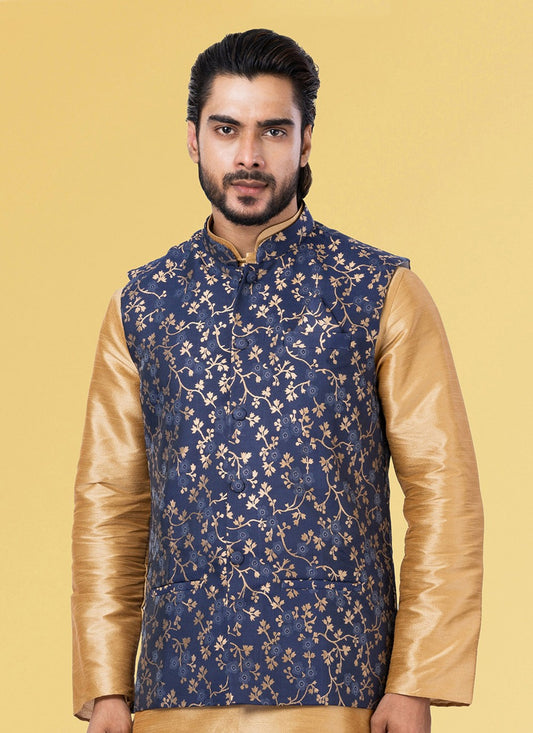 Jacquard Work Silk Blue Nehru Jackets - M7438