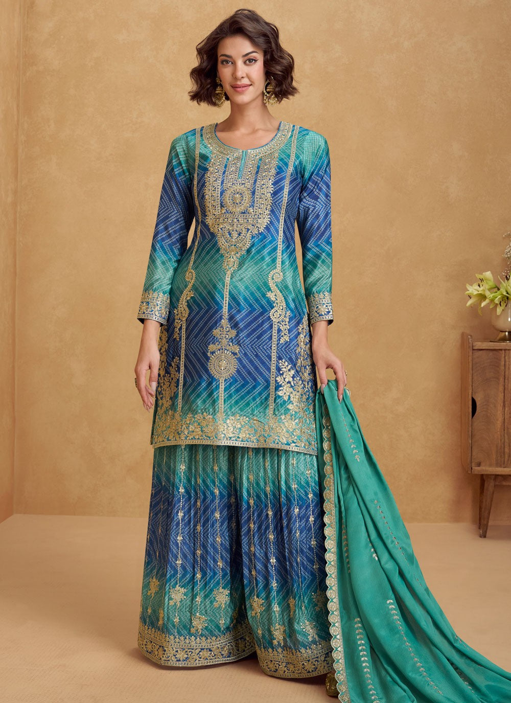 Palazzo Suit Embroidered, Printed, Sequins, Zari Blue T8227