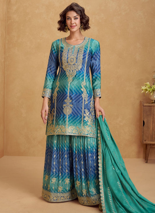 Palazzo Suit Embroidered, Printed, Sequins, Zari Blue T8227