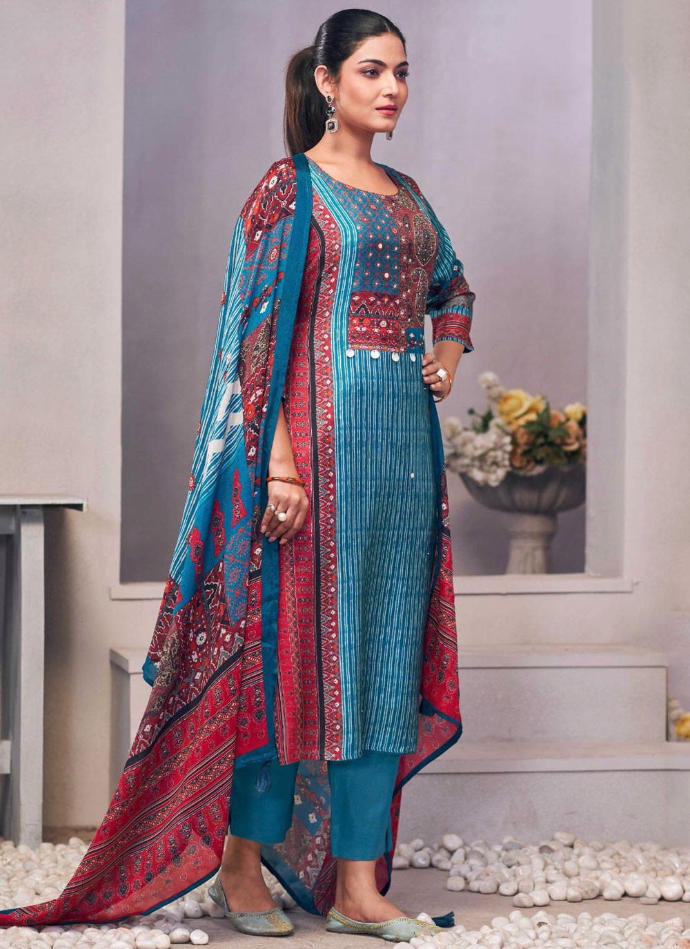Salwar Suit Embroidered Blue Muslin T5156