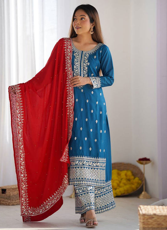 Sequins Chinon Blue Salwar Suit T6481