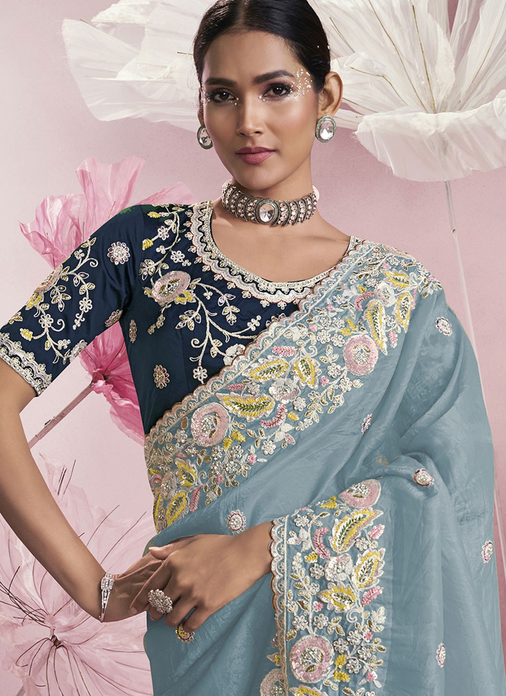 Embroidered Silk Blue Saree S13909