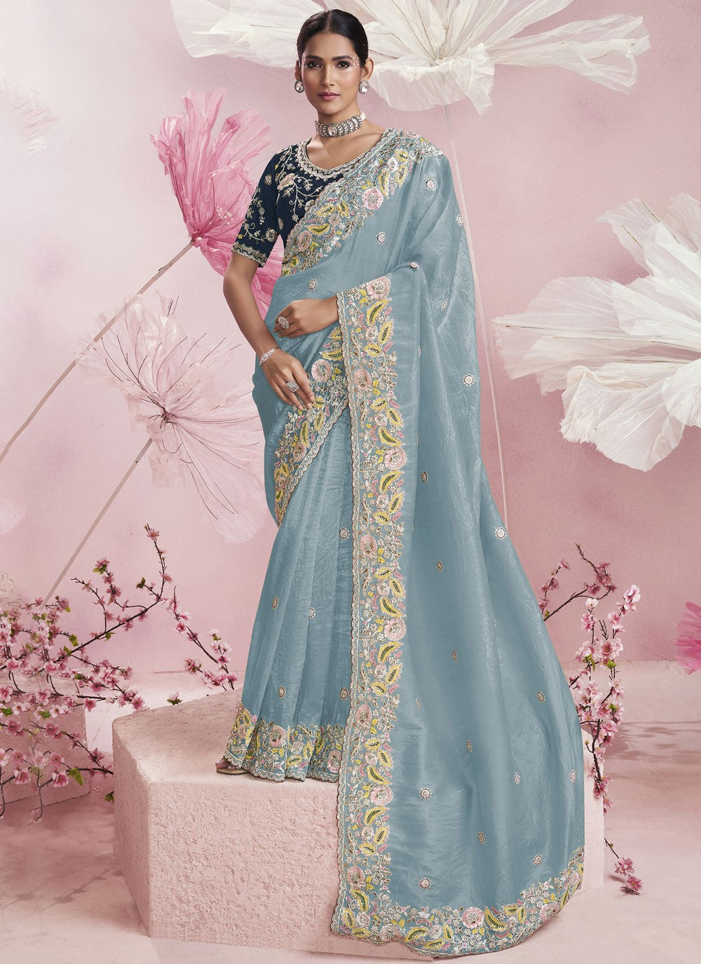 Embroidered Silk Blue Saree S14145