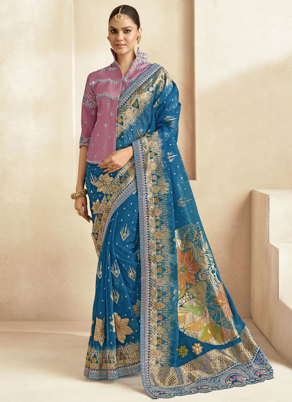 Cut Work Silk Blue Traditional Saree S15467