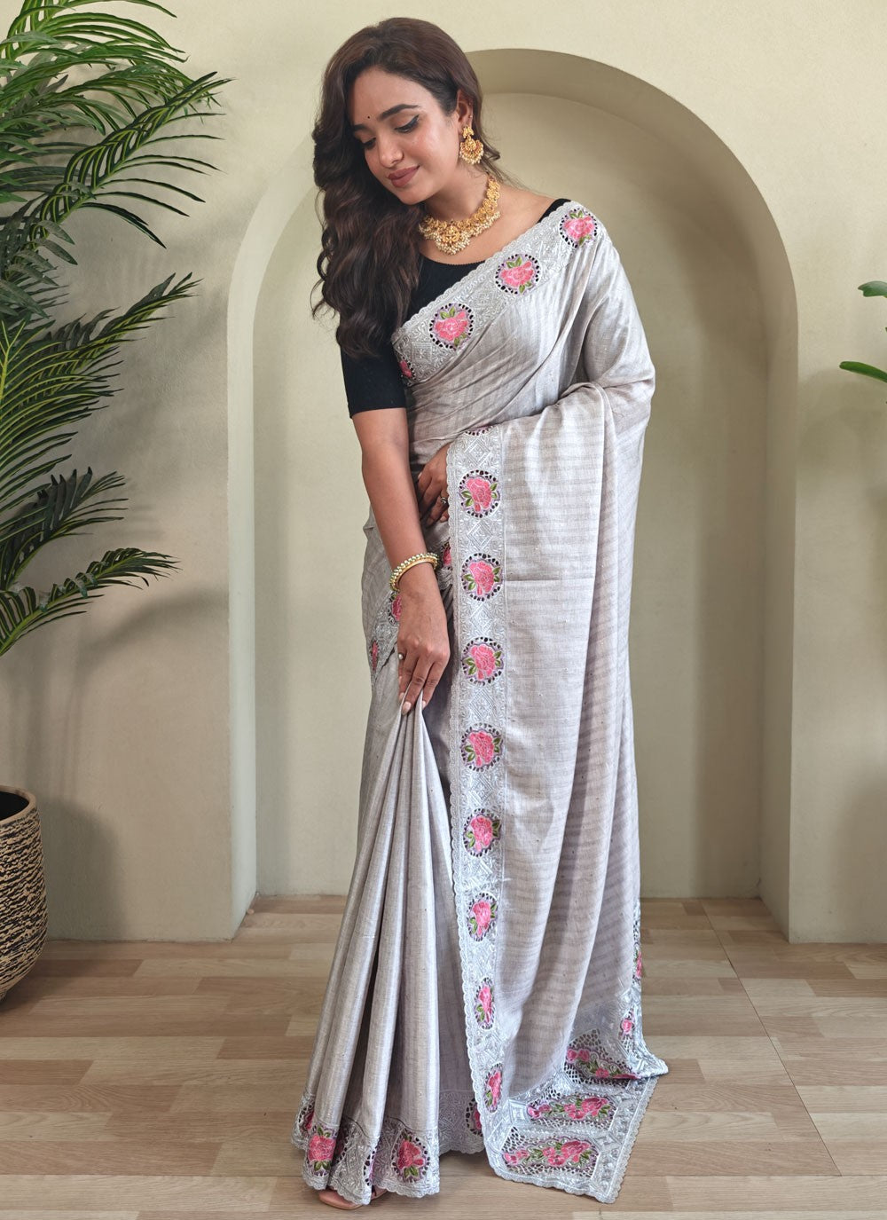 Grey Silk Contemporary Saree Border Work, Embroidered S15819
