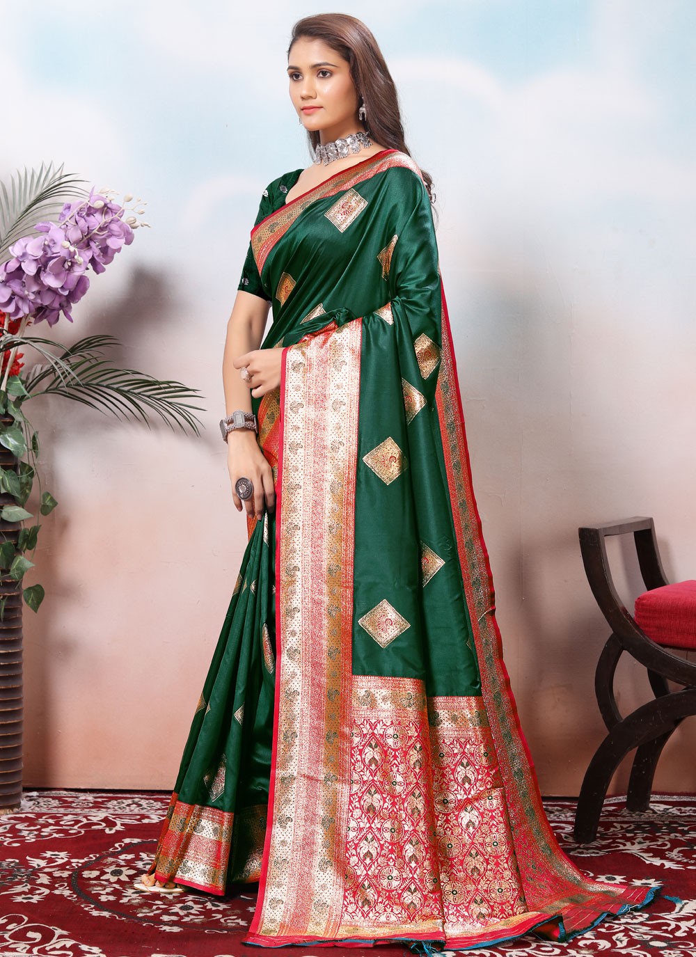 Border Work Silk Green Traditional Saree S15425