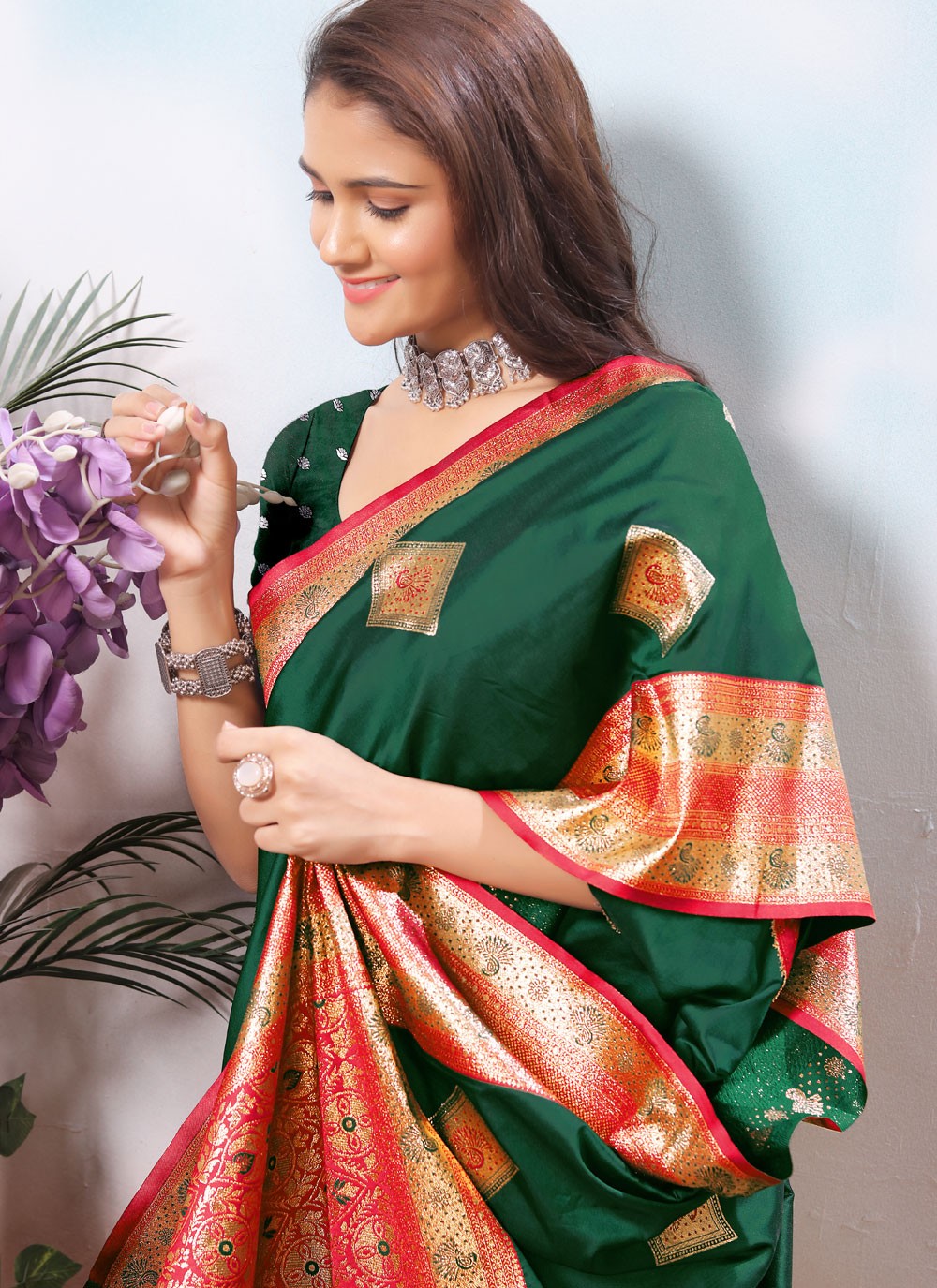 Border Work Silk Green Traditional Saree S15425