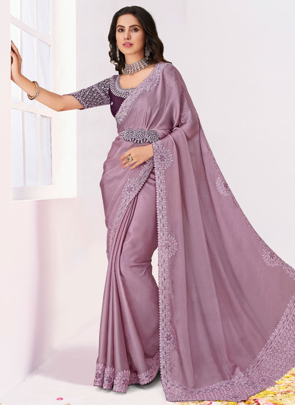 Trendy Saree Border Work Lavender Silk Saree S12583