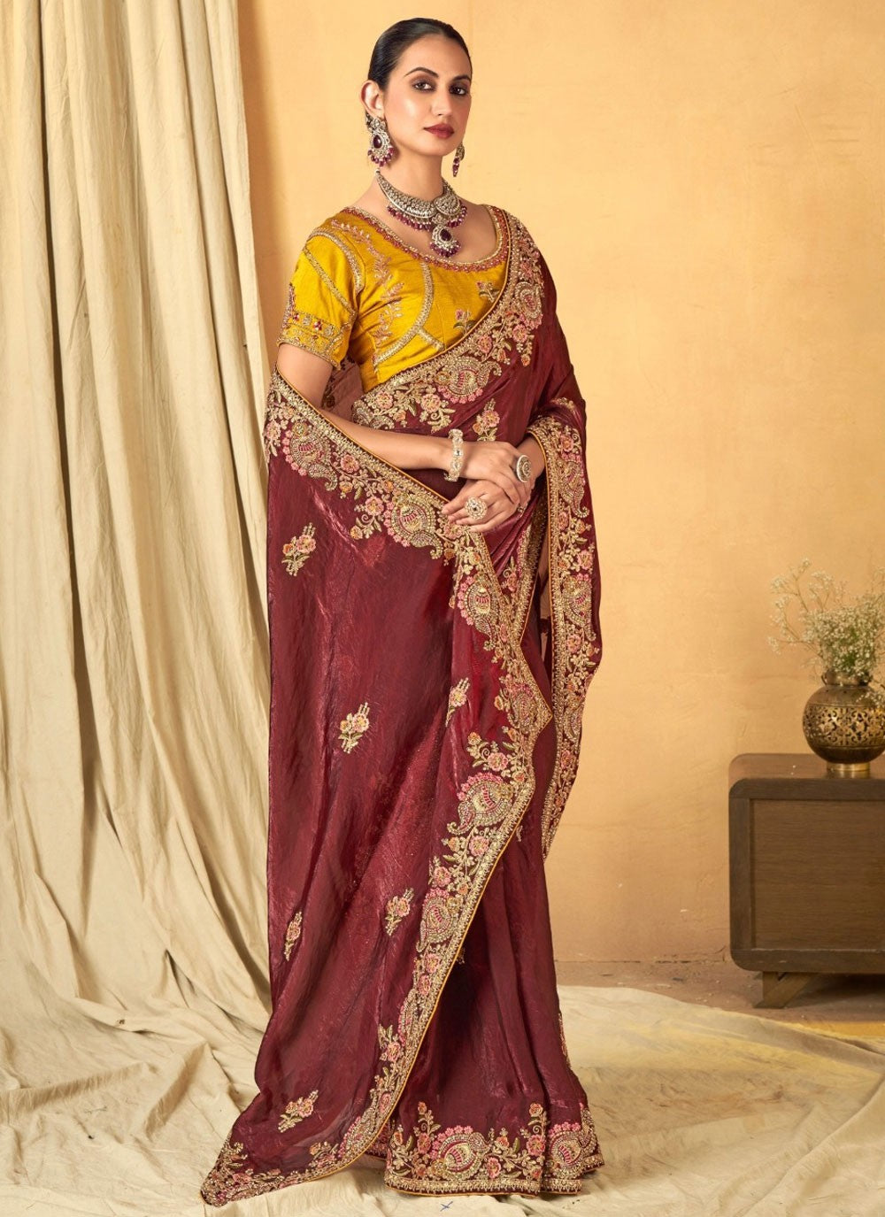 Border Work Silk Maroon Designer Saree S14943