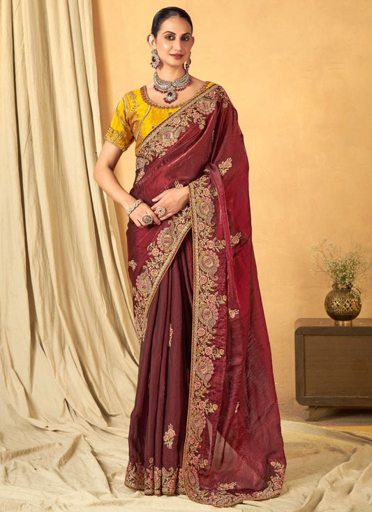 Border Work Silk Maroon Designer Saree S14943
