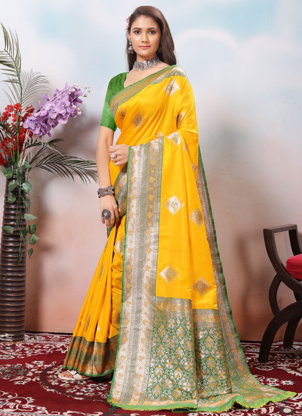 Border Work Silk Yellow Contemporary Saree S15428