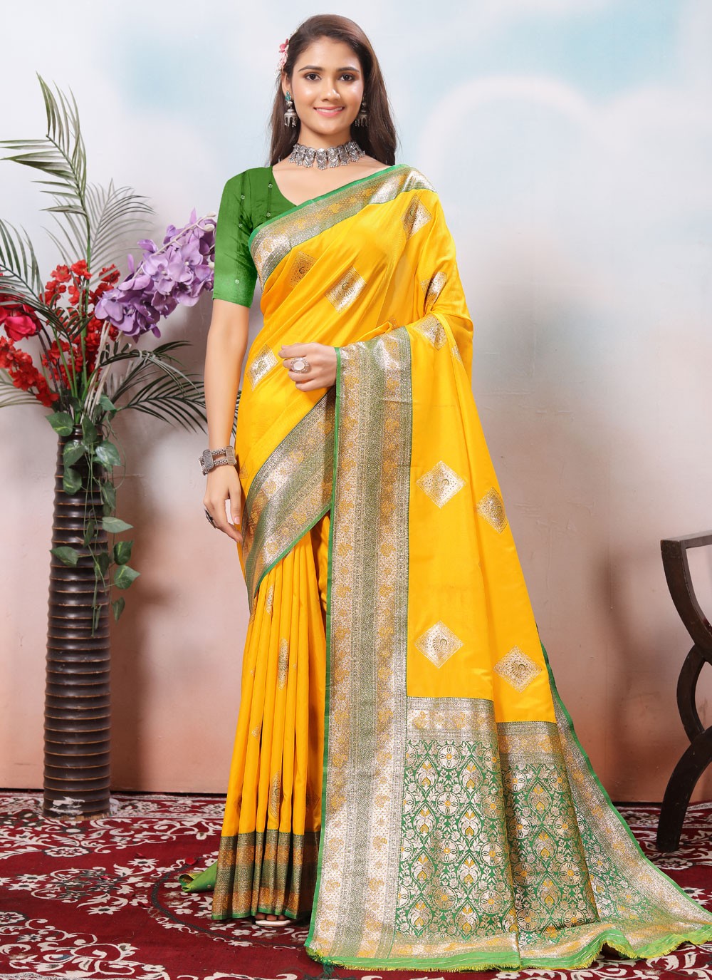 Border Work Silk Yellow Contemporary Saree S15428