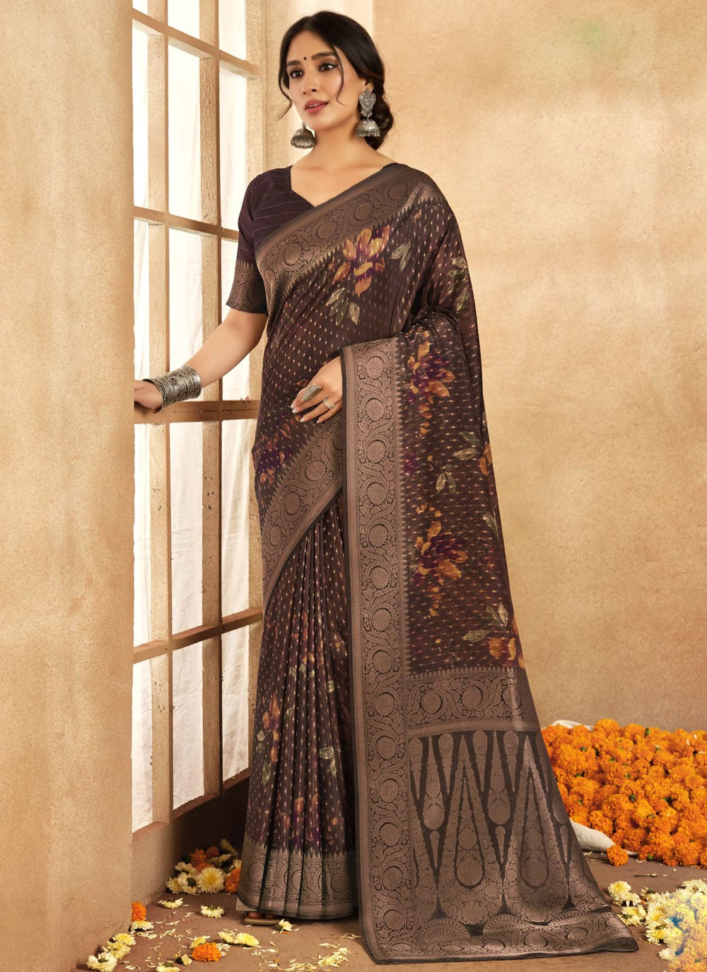 Contemporary Weaving Zari Brown Silk Saree S13327