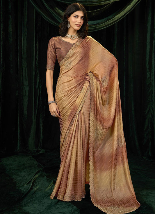 Brown Silk Designer Saree Beads, Border Work, Thread S19297
