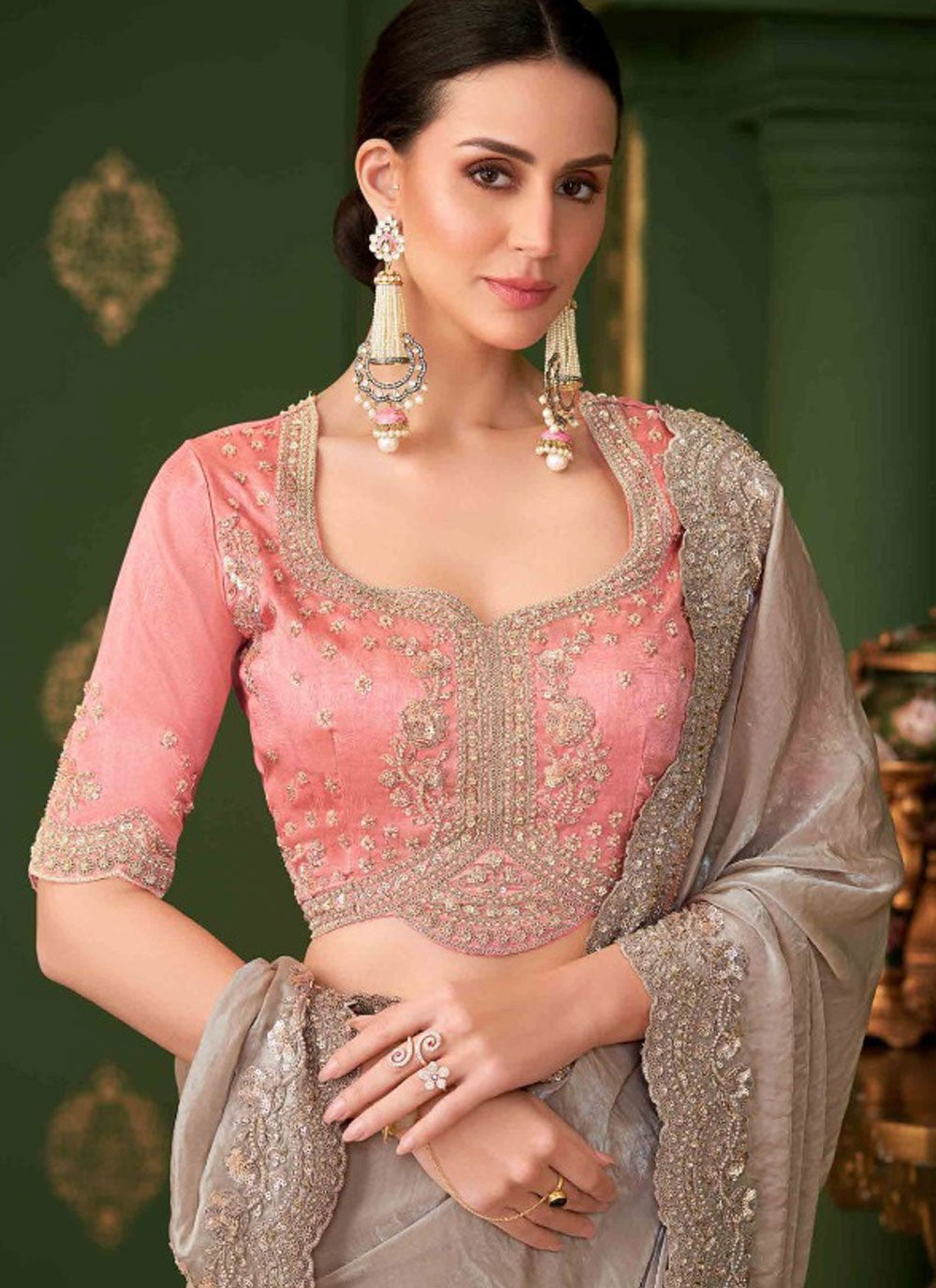 Brown Georgette Satin Contemporary Saree Embroidered S20369