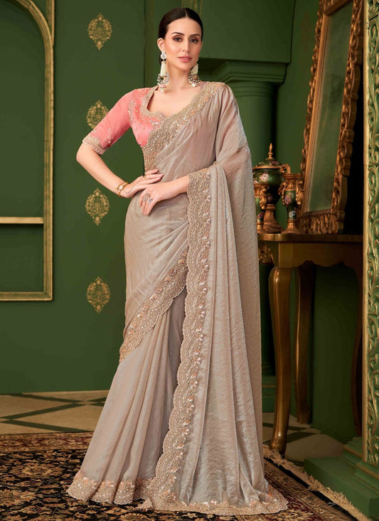 Brown Georgette Satin Contemporary Saree Embroidered S20369